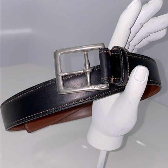 Coach Dark Brown/Black Leather Belt With Tan Stitching for Men Size 34 - Picture 1 of 13